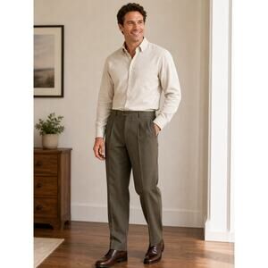 LR1313 John Alexander Wool Dress Pants Mens 33x32 Pleated Olive Made USA